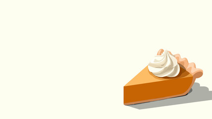 Delicious pumpkin pie slice with whipped cream topping on light background, traditional Thanksgiving dessert illustration with warm festive atmosphere.