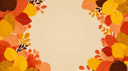 Colorful autumn foliage frame with red, orange, and yellow leaves, elegant Thanksgiving Day border background for festive greeting or presentation.