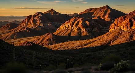 Arizona desert landscape at sunset with saguaro cacti and rocky mountains