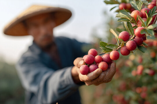 Farmer harvesting vibrant red berries, showcasing agricultural abundance and tradition. Symbolizes healthy eating, rural life, and the rewards of labor.