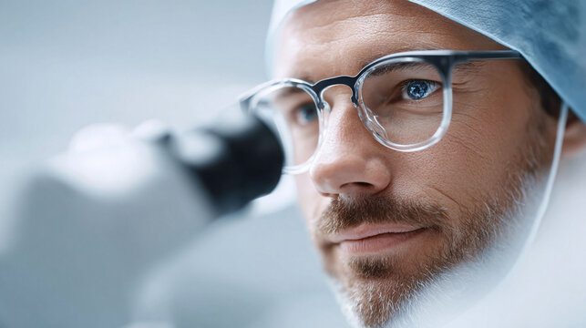 Focused surgeon in scrubs and glasses looks ahead, microscope nearby. Emphasizes precision, expertise, and healthcare innovation. Ideal for medical themes.