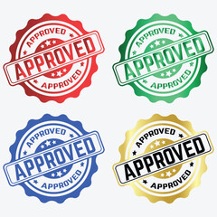 Obraz premium Set of four official APPROVED rubber stamp seals in red, green, blue, and gold metallic styles, perfect for certification, documentation, and quality assurance