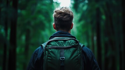 Man standing in the middle of a dense forest. he is wearing a dark blue jacket and has a green backpack on his back. the man is facing away from the camera, with his back towards the camera.