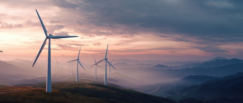 A tranquil sunset bathes white wind turbines in soft light, set against a blurred landscape. This serene scene captures the essence of renewable energy and nature's harmony.