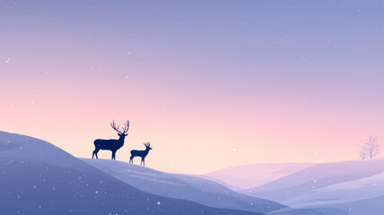 Two reindeer standing in snowy forest at sunrise, warm pastel light Christmas background symbolizing peace, nature, and winter serenity.
