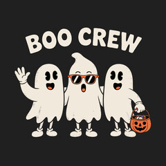 A retro-style Halloween illustration with three
cartoon ghosts on a black background. The text 