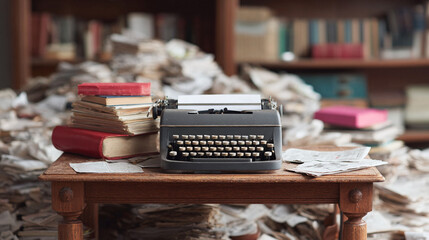 Vintage typewriter on a desk overloaded with papers, conveying a sense of writers block or the creative process. Ideal for themes of writing, history, nostalgia, and education.