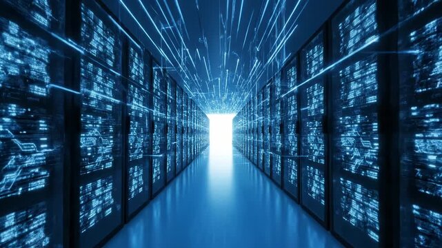 Futuristic data center with glowing blue servers and fiber optic cables creating a network of light in a modern technological environment vector illustration