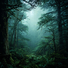 Obraz premium A forest that is misty and ancient, boasting gnarled trees and vibrant green moss-covered trees, thick fog, and diffused light, creating a dramatic and enchanting scene.