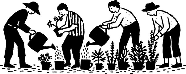 Tribal folk art scene of gardeners in blackwork style for nature design and decoration