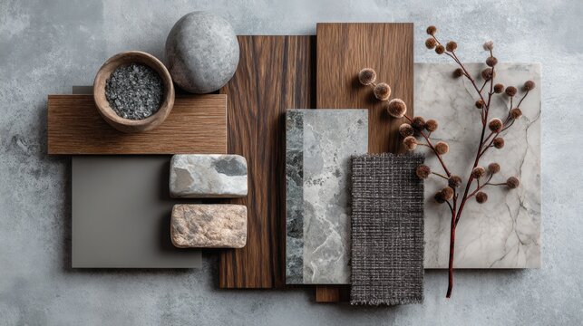 A modern mood board showcases a harmonious blend of natural materials like wood, stone, and concrete. The color palette invites inspiration for elegant interior design and home decoration.