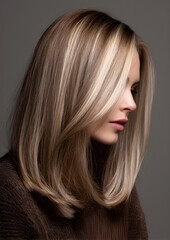 Naklejka premium A beautiful woman with sleek, shoulder-length blonde hair with prominent face-framing highlights, wearing a brown turtleneck sweater, profile view, studio lighting, natural makeup