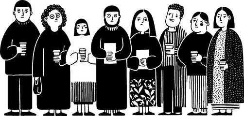 Tribal folk art blackwork illustration of office scene