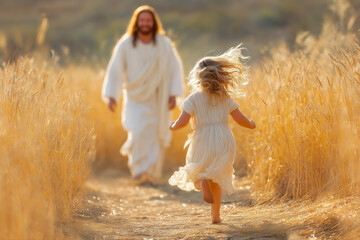 Little Girl Run to Jesus During Sunny Summer Day