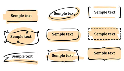 Doodle hand drawn frames and banners set. Rustic brush stroke style with cute tags, labels, and ornaments. Ideal for text boxes, headlines, badges, invitations, and decorative graphic design elements.