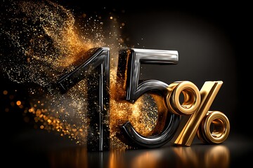 Sci-fi “15%” with galactic glow and gold stardust, 8K render