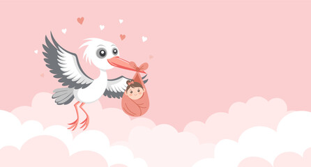Baby shower invitation banner with stork carrying cute baby in bag on pink sky background for greeting card, baby album, girl birthday party, poster.