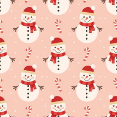 Christmas Seamless pattern with a cute snowman and candy canes. Winter holiday background.
