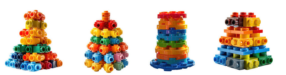 Obraz premium Four colorful abstract towers built from interlocking plastic construction toy pieces, isolated on transparent background
