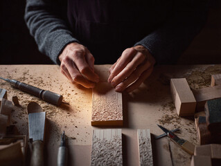Detailed craftsman hands working on an intricate wood block print. Concept of artistry, detail, handmade creation, hobby, traditional craft. Ideal for blogs, workshops, and creative projects.