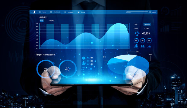 A professional businessman is showcasing an interactive data visualization on a tablet, emphasizing modern analytics in a corporate setting. Impute