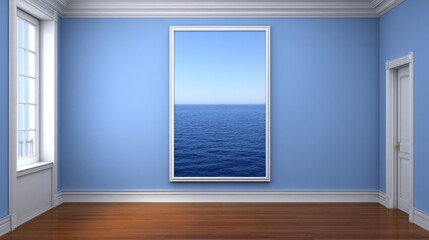 Fototapeta premium The artistic presentation features a pale blue rectangle, subtly stained, and set against a minimalist style interior backdrop, embodying the essence of contemporary digital art