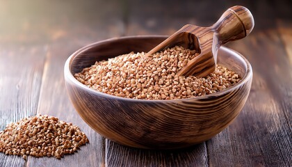 Light Brown Buckwheat Groats In A Wooden Bowl With A Wooden Scoop