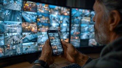 Man monitoring security cameras