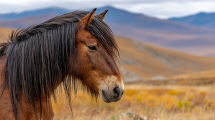 Obraz premium Nature photography captures a majestic wild stallion standing on the open plains in a closeup, serene scene shot from a low angle