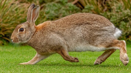 In this nature photography shot, a wild rabbit is seen hopping across a meadow with a lively green background