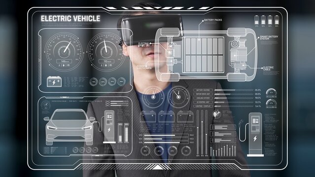 A business professional using virtual reality to explore electric vehicle technology. The image highlights a dashboard with real-time data and analytics. Raster