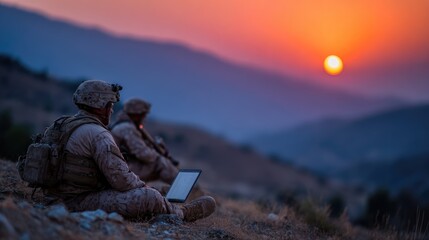 Soldiers Using Laptop at Sunset