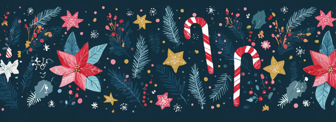 Festive Christmas border with poinsettias candy canes and stars watercolor illustration for holiday designs and backgrounds