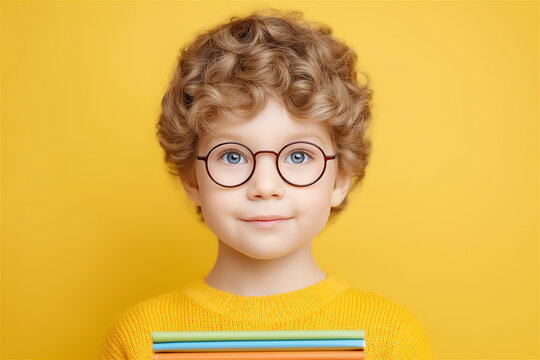 Happy boy with curly hair wearing glasses and yellow sweater holding books, symbolizing education, childhood and knowledge.