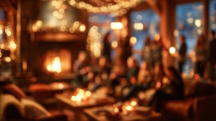 Ski lodge party. People by fireplace. Warm interior lighting. Festive winter gathering. Blurred background