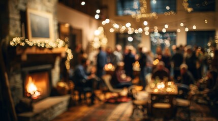 Ski lodge party. People by fireplace. Warm interior lighting. Festive winter gathering. Blurred background