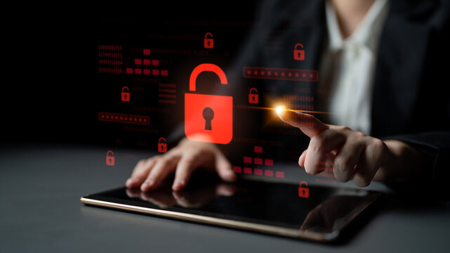 Digital security concept illustrating a cybersecurity breach, with a red unlocked padlock indicating data exposure among secure systems, emphasizing system vulnerability and risk Latch - Powered by Adobe