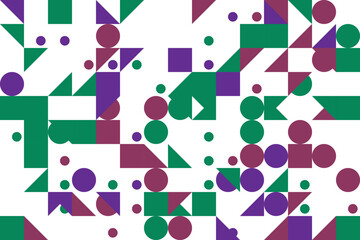 Abstract Geometric Pattern Background with Circles Squares and Triangles in Green Purple and Burgundy Colors Creating a Modern and Dynamic Design