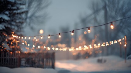 Fototapeta premium Winter string lights creating snowy evening ambiance. Blurred background