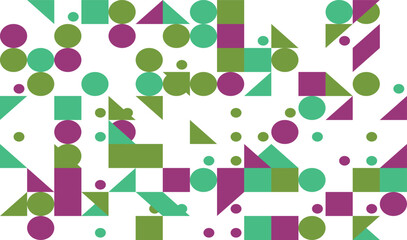 Geometric Shapes Seamless Pattern Vector Design with Circles Squares and Triangles in Purple Green and White for Modern Backgrounds