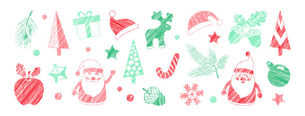 Christmas crayon doodle, winter scribble icon. Xmas sketch pine, fir, Santa Claus hat. Pastel red present. Green ball and apple, acorn. Chalk deer, snowflake isolated on white bg. Vector illustration