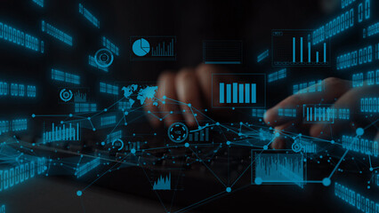 This image showcases a hands-on keyboard in a digital environment, surrounded by interactive charts...