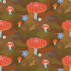 Forest floor in autumn, seamless pattern with mushrooms, snail, dry leaves, acorn