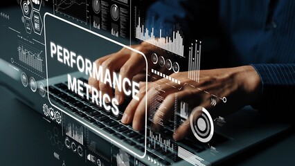Hands Typing on Laptop with Digital Performance Metrics Overlays in Innovative Business Environment. Asymptotic smart data analytic.