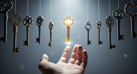 Unlock your potential with the right key - a hand reaches for a golden key, symbolizing success, opportunity, and achieving goals, in a bright future