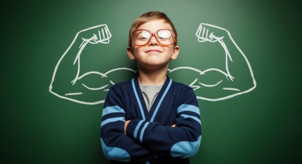 Confident young boy with glasses standing in front of chalkboard with drawn muscles, dreaming big and believing in himself, ready to face any challenge