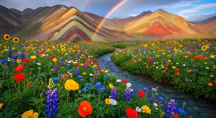 Vibrant wildflower meadow with stream and rainbow mountains under a double rainbow