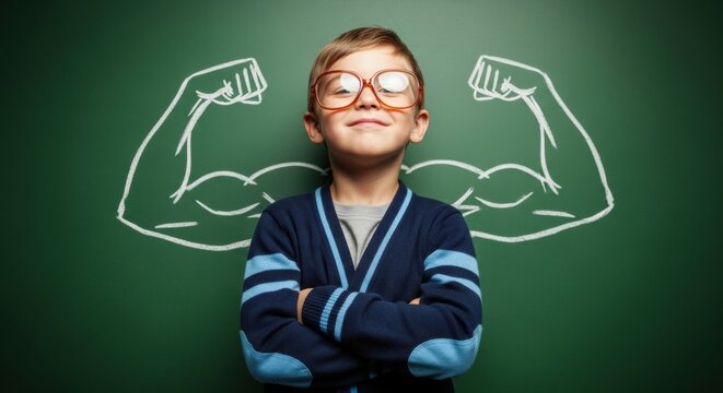 Confident young boy with glasses standing in front of chalkboard with drawn muscles, dreaming big and believing in himself, ready to face any challenge