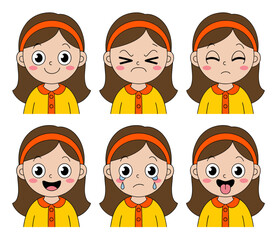 Cartoon girl showing different emotions: happy, angry, sad, excited, crying, and silly.