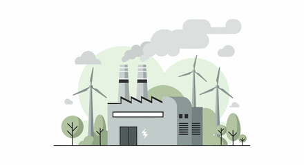 Obraz premium Industrial Factory with Smoking Chimneys and Wind Turbines.